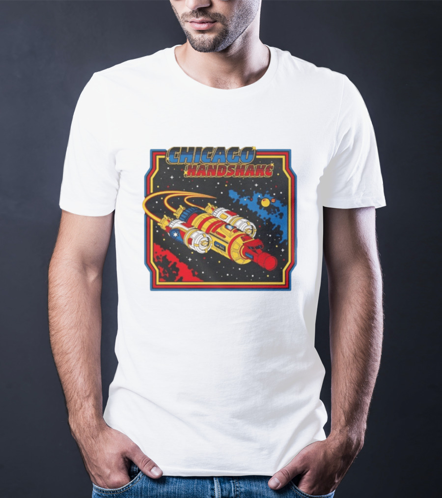 Chicago Handshake Spaceship Malort Old Lager Retro Sci Fi Space Adventure T-Shirt