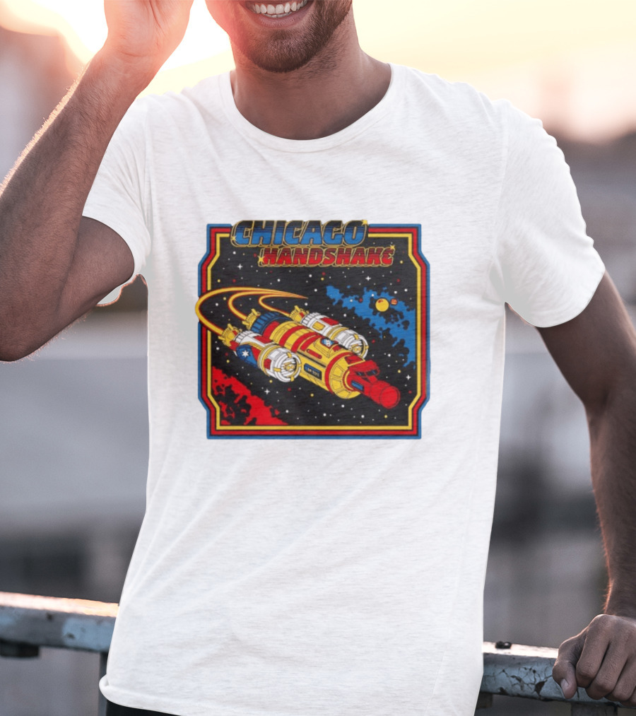 Chicago Handshake Spaceship Malort Old Lager Retro Sci Fi Space Adventure T-Shirt