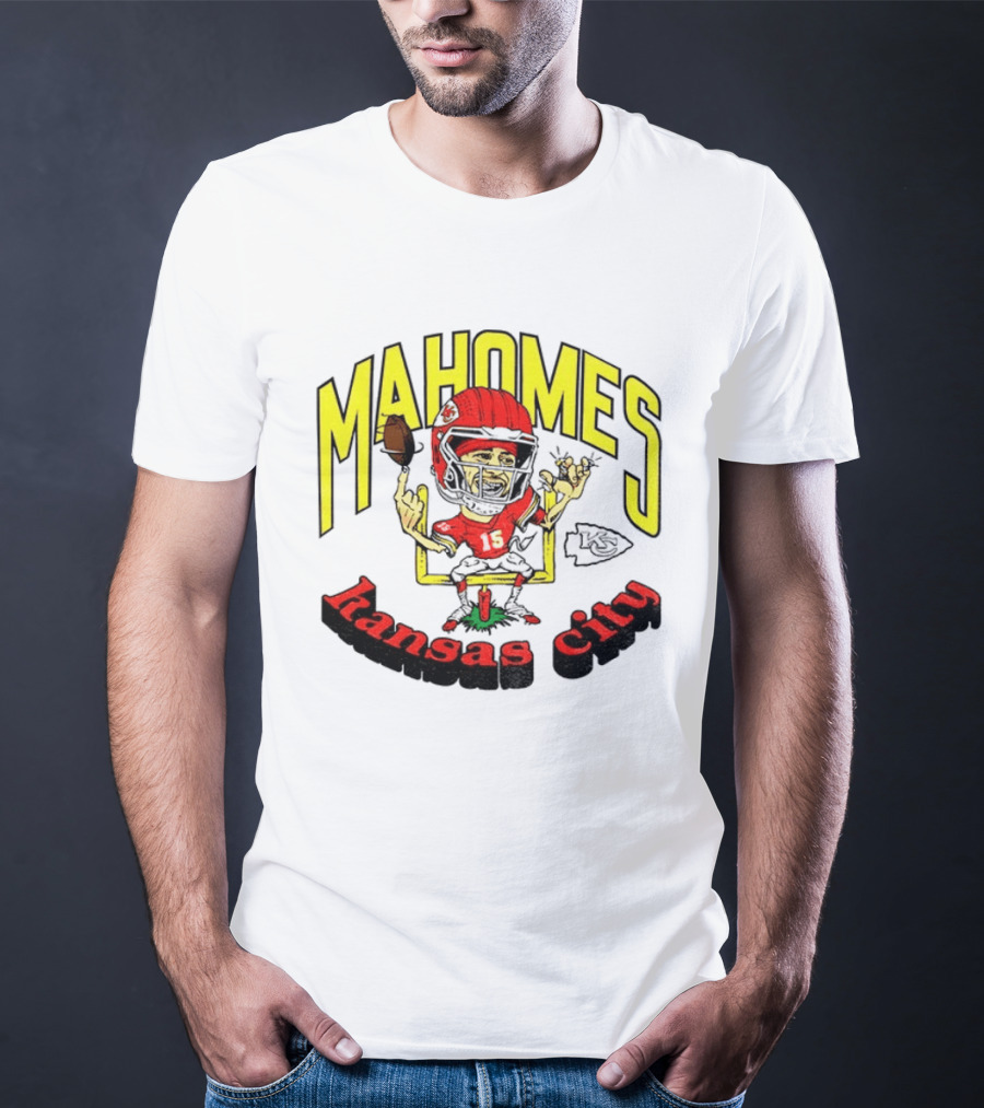 Mahomes Kansas City Chiefs Caricature Player Touchdown Celebration T-Shirt