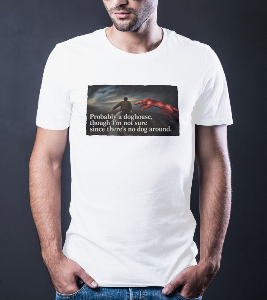 Probably A Doghouse Though I'm Not Sure Since There's No Dog Around Surreal Landscape With Figure And Red Creature T-Shirt