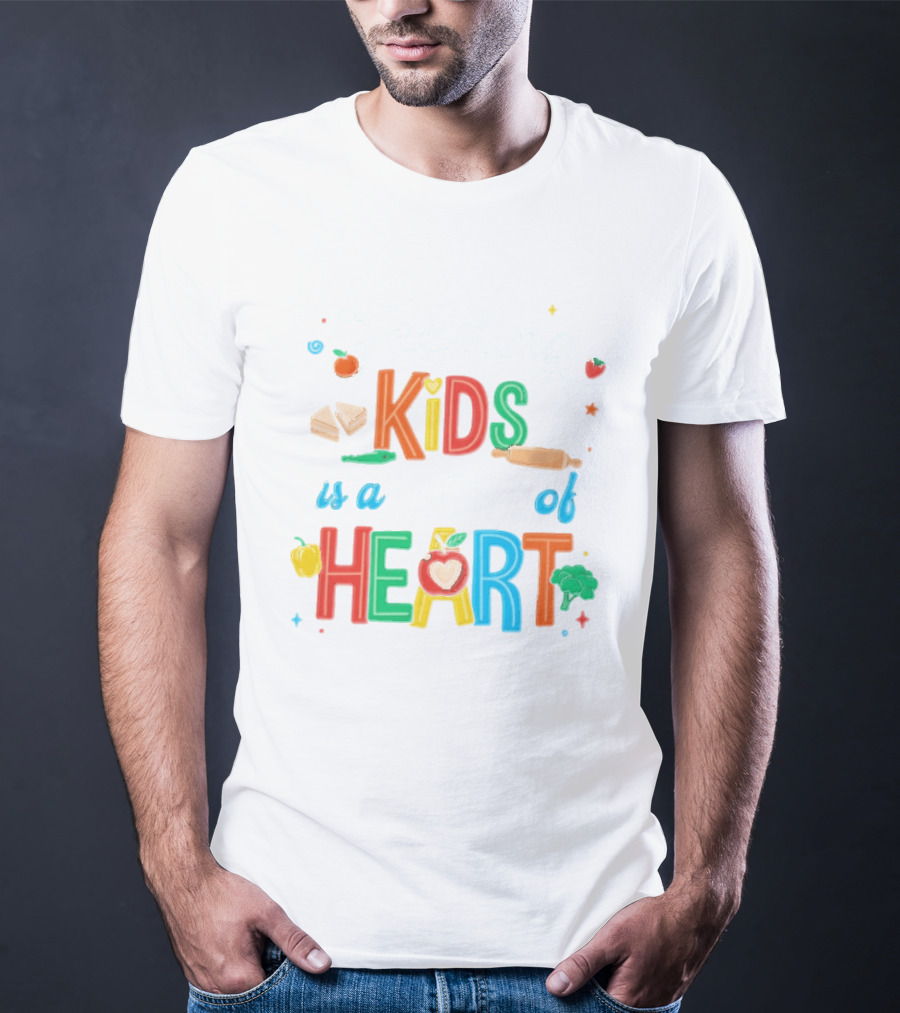 Feeding Kids Is A Work Of Heart Kitchen Tools Colorful Food Items T-Shirt