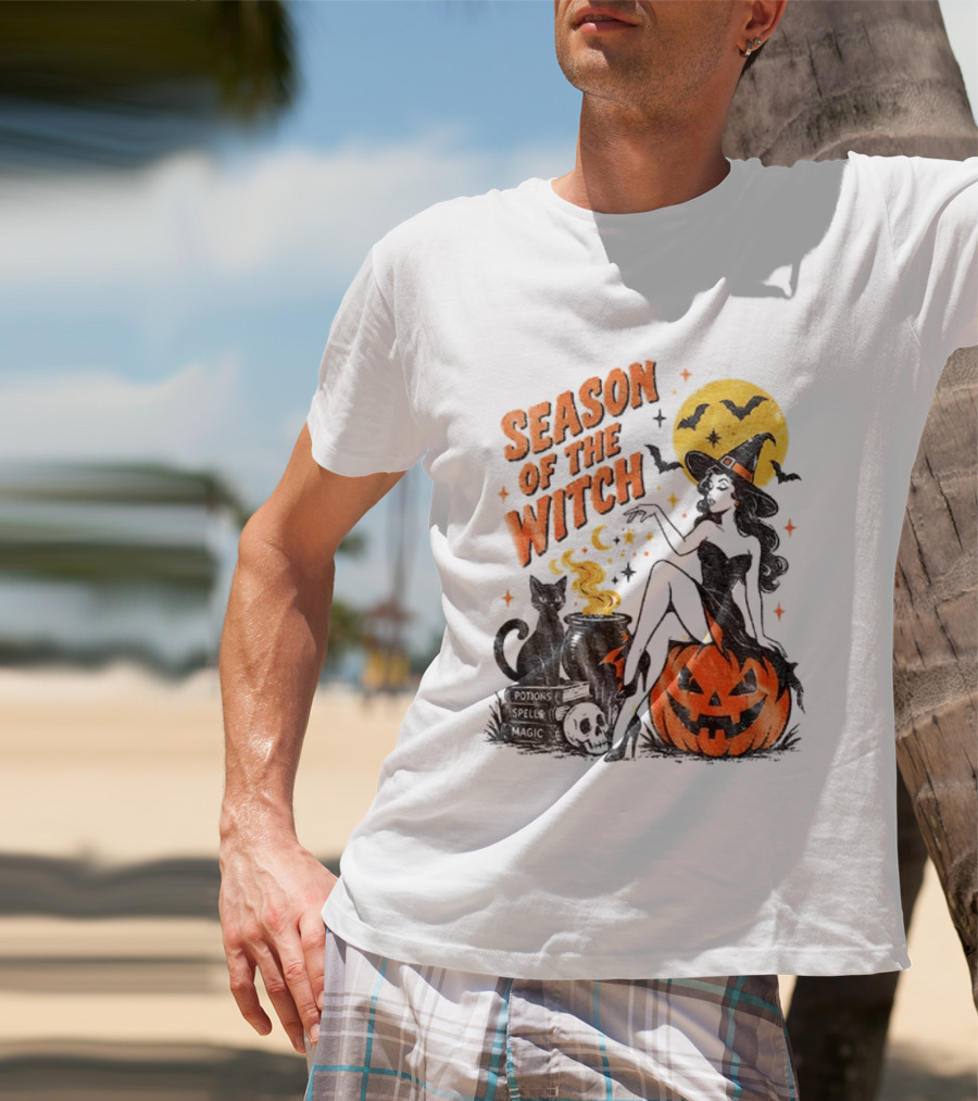 Season Of The Witch Halloween Spooky Season Full Moon Pumpkin Black Cat Bat T-Shirt
