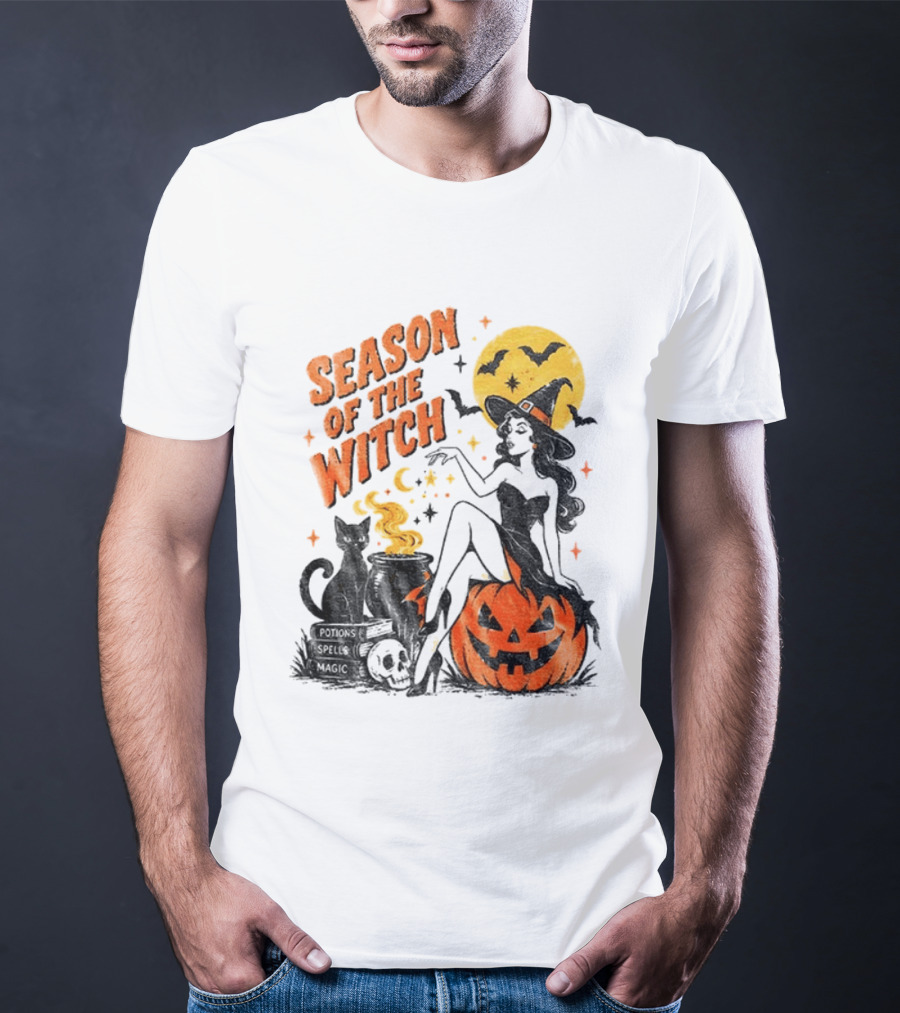 Season Of The Witch Halloween Spooky Season Full Moon Pumpkin Black Cat Bat T-Shirt