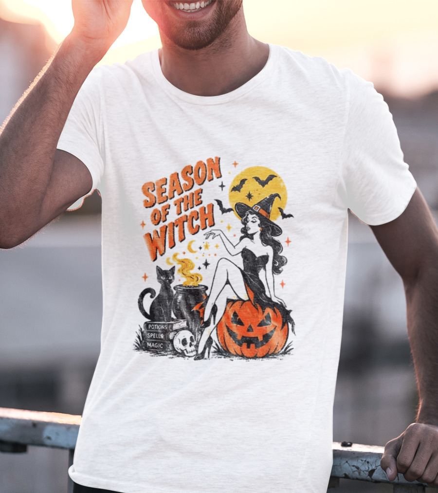 Season Of The Witch Halloween Spooky Season Full Moon Pumpkin Black Cat Bat T-Shirt