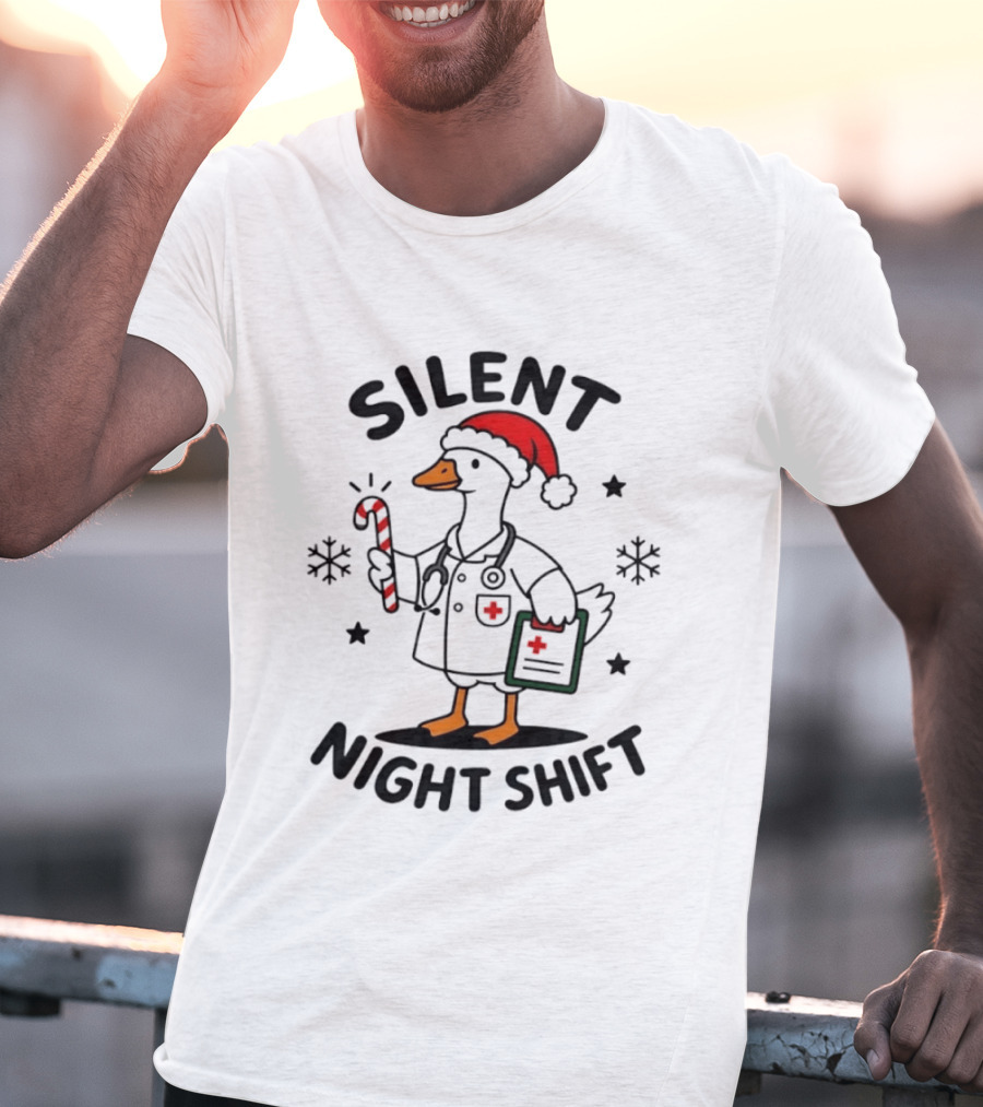 Silent Night Shift Christmas Goose In Santa Hat With Doctor Stethoscope And Candy Cane T-Shirt