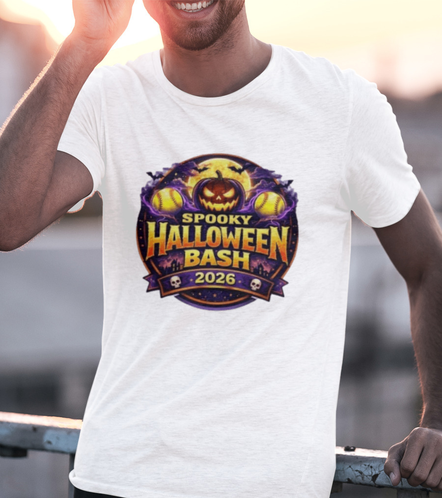Spooky Halloween Bash 2026 Pumpkin Moonlit Baseball Skulls T-Shirt