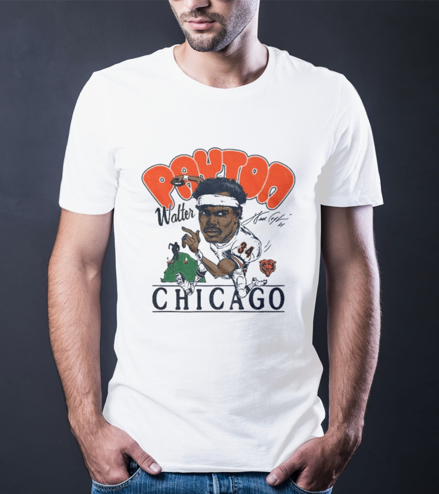 Walter Payton Chicago Bears 34 Caricature Player Signature Drawing T-Shirt