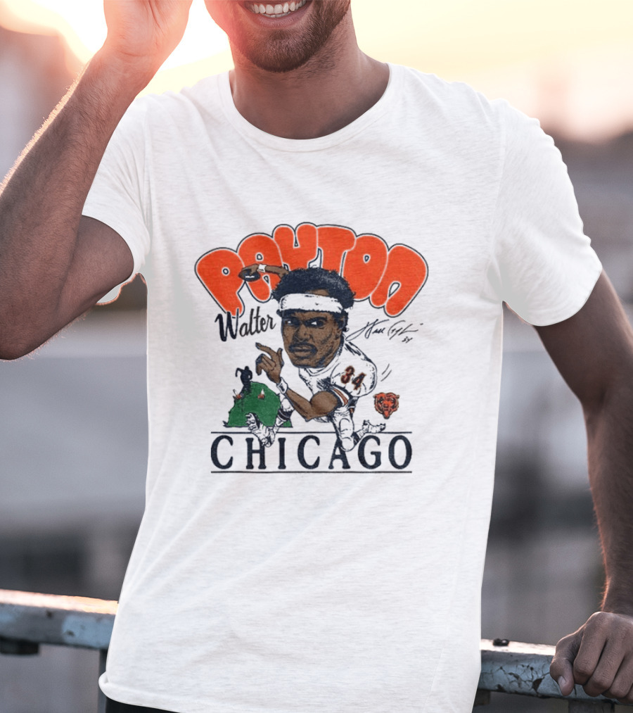 Walter Payton Chicago Bears 34 Caricature Player Signature Drawing T-Shirt