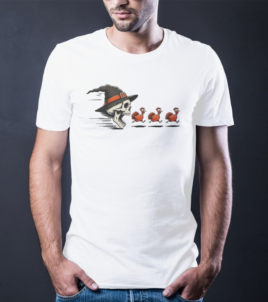 Witch Skull Chasing Turkeys Thanksgiving Humor T-Shirt