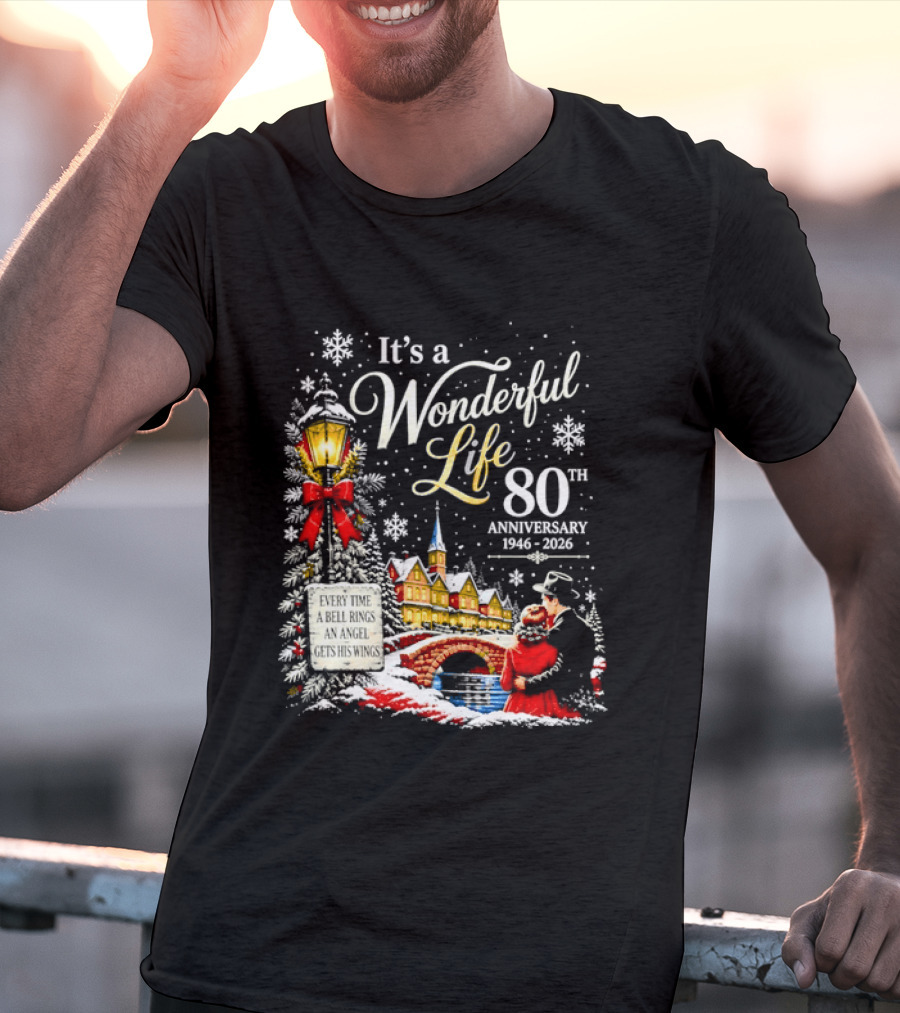 It's A Wonderful Life 80th Anniversary 1946 2026 Christmas Village Scene Snowflakes Lantern T-Shirt