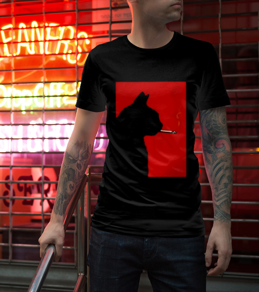 Black Cat Silhouette With Cigarette On Red T-Shirt