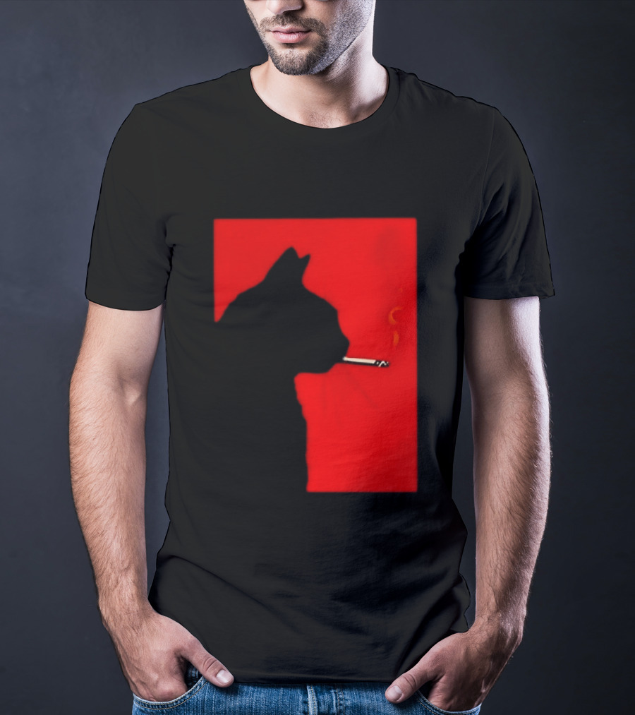 Black Cat Silhouette With Cigarette On Red T-Shirt