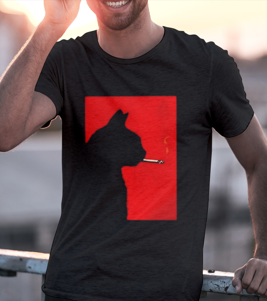 Black Cat Silhouette With Cigarette On Red T-Shirt