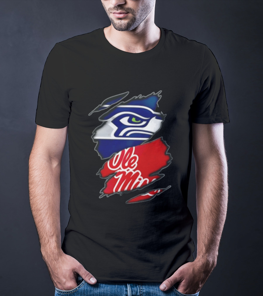 Seattle Seahawks Ole Miss Rebels Ripped Fabric Reveal T-Shirt