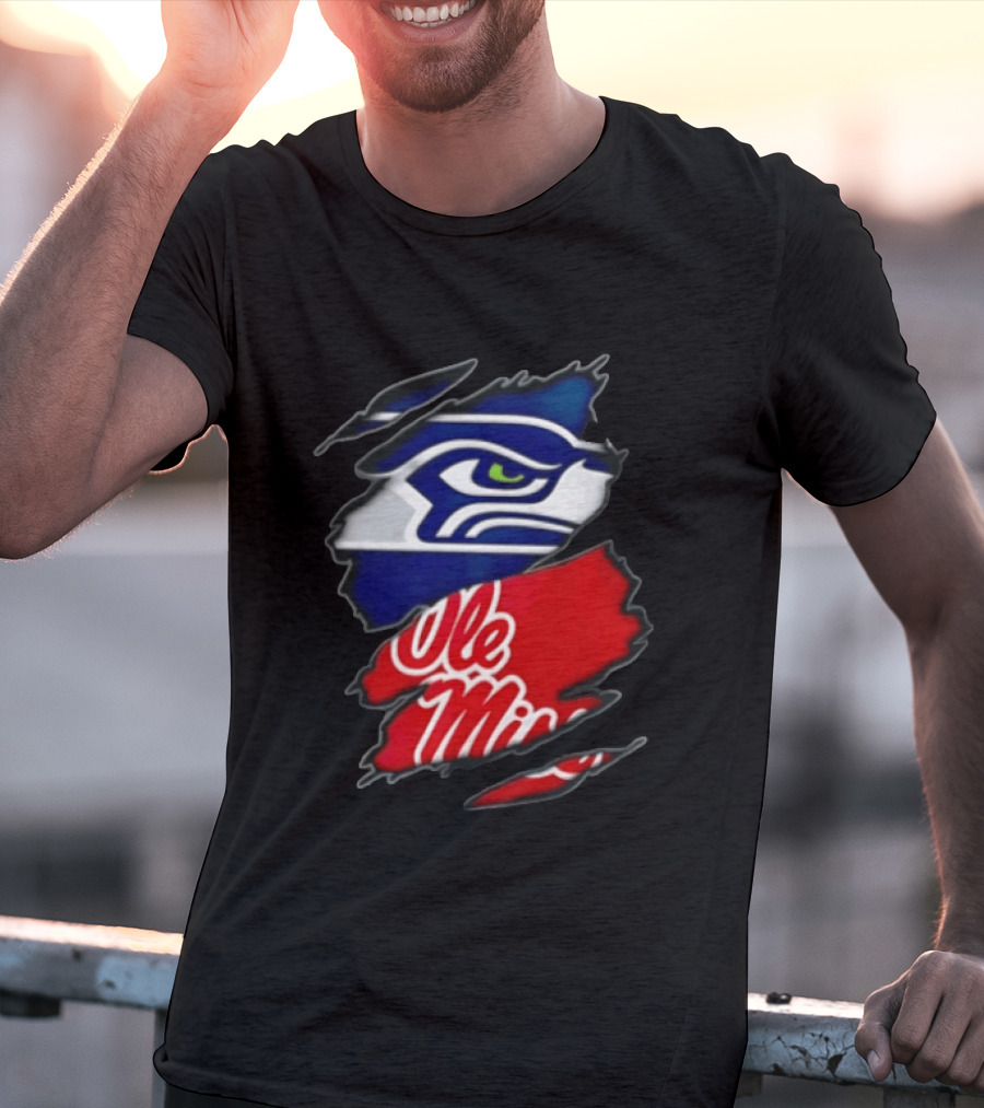 Seattle Seahawks Ole Miss Rebels Ripped Fabric Reveal T-Shirt