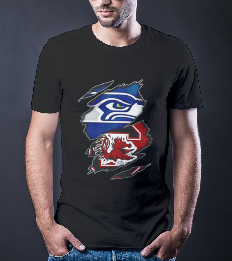 Seattle Seahawks South Carolina Gamecocks Torn Fabric Reveal Team Logos T-Shirt