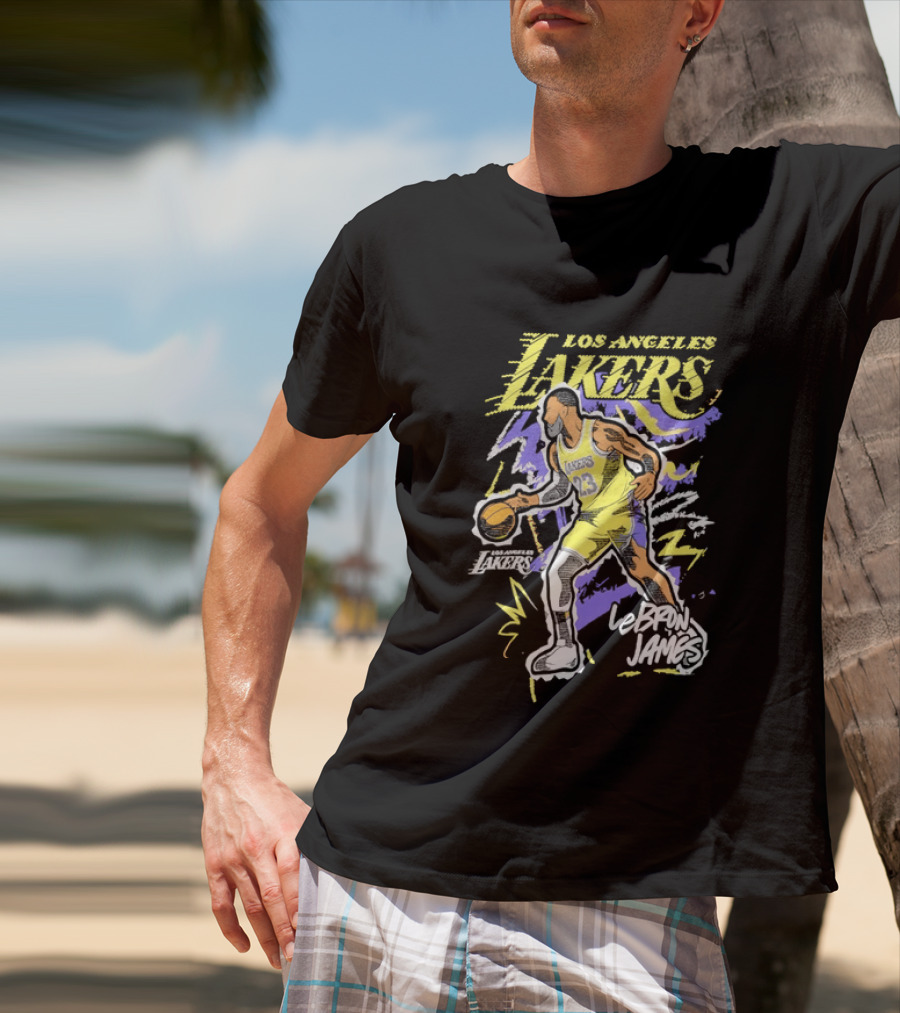 LeBron James Los Angeles Lakers 23 NBA Basketball Player Sketch Yellow Purple T-Shirt