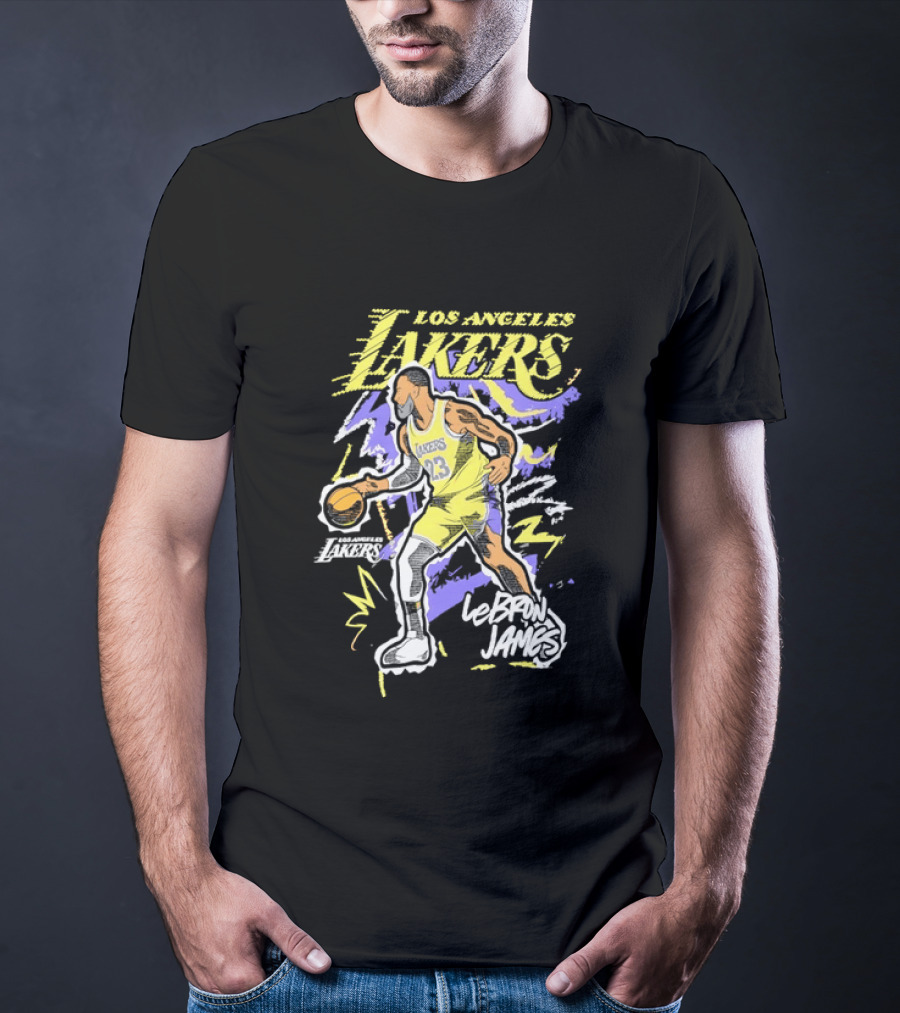LeBron James Los Angeles Lakers 23 NBA Basketball Player Sketch Yellow Purple T-Shirt