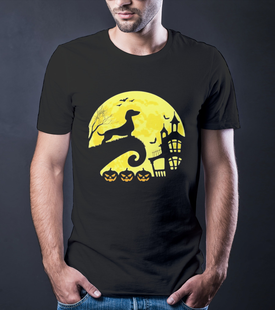 Dachshund Halloween Moon Spooky Night With Pumpkins T-Shirt