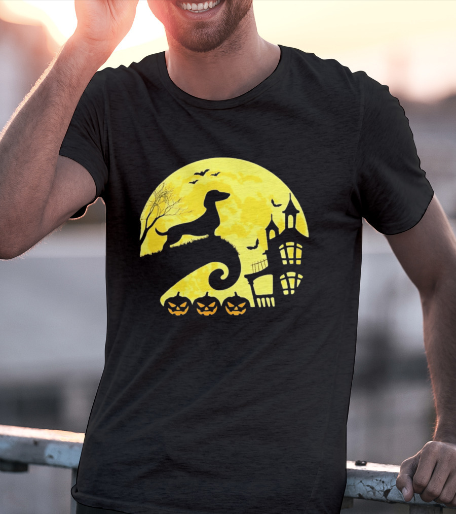 Dachshund Halloween Moon Spooky Night With Pumpkins T-Shirt
