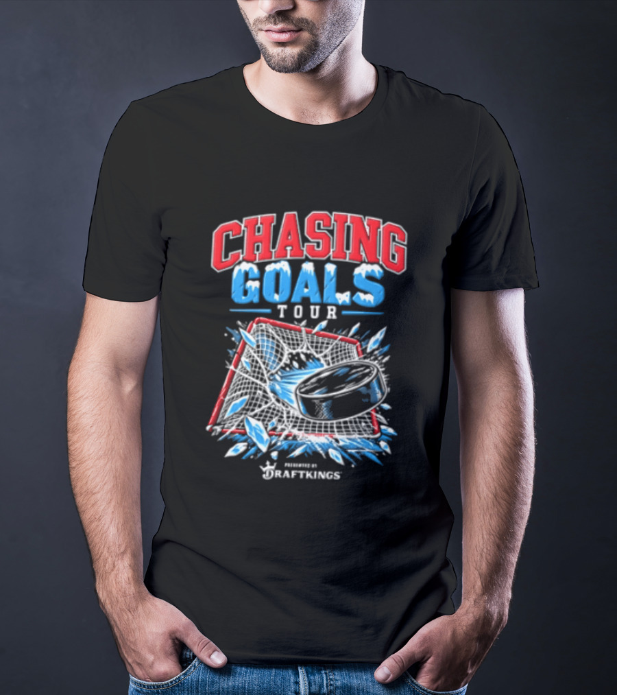 DraftKings Chasing Goals Tour Hockey Puck Crashing Into Net T-Shirt