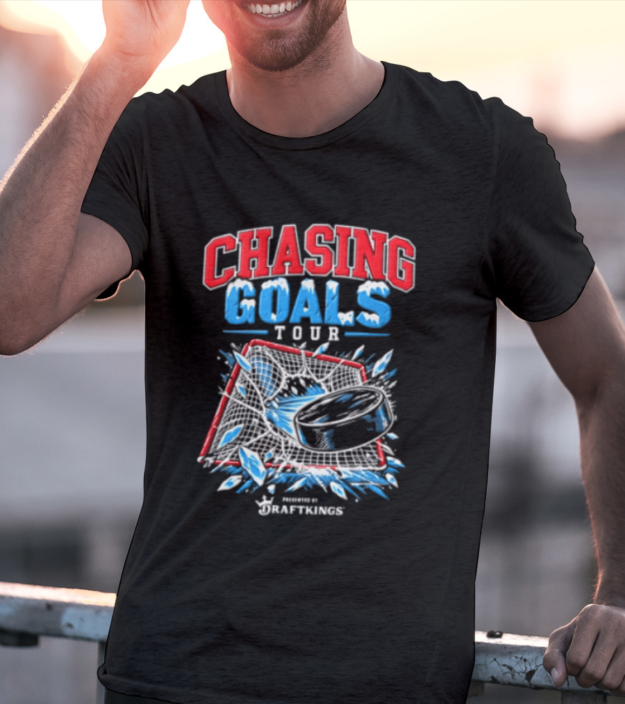 DraftKings Chasing Goals Tour Hockey Puck Crashing Into Net T-Shirt
