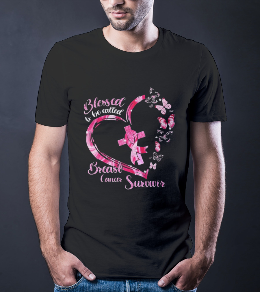 Blessed To Be Called Breast Cancer Survivor Pink Butterfly Ribbon Heart T-Shirt