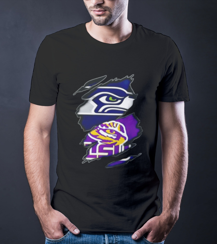 Seattle Seahawks Louisiana State University Ripped Fabric Reveal Seahawks Tiger Eye T-Shirt