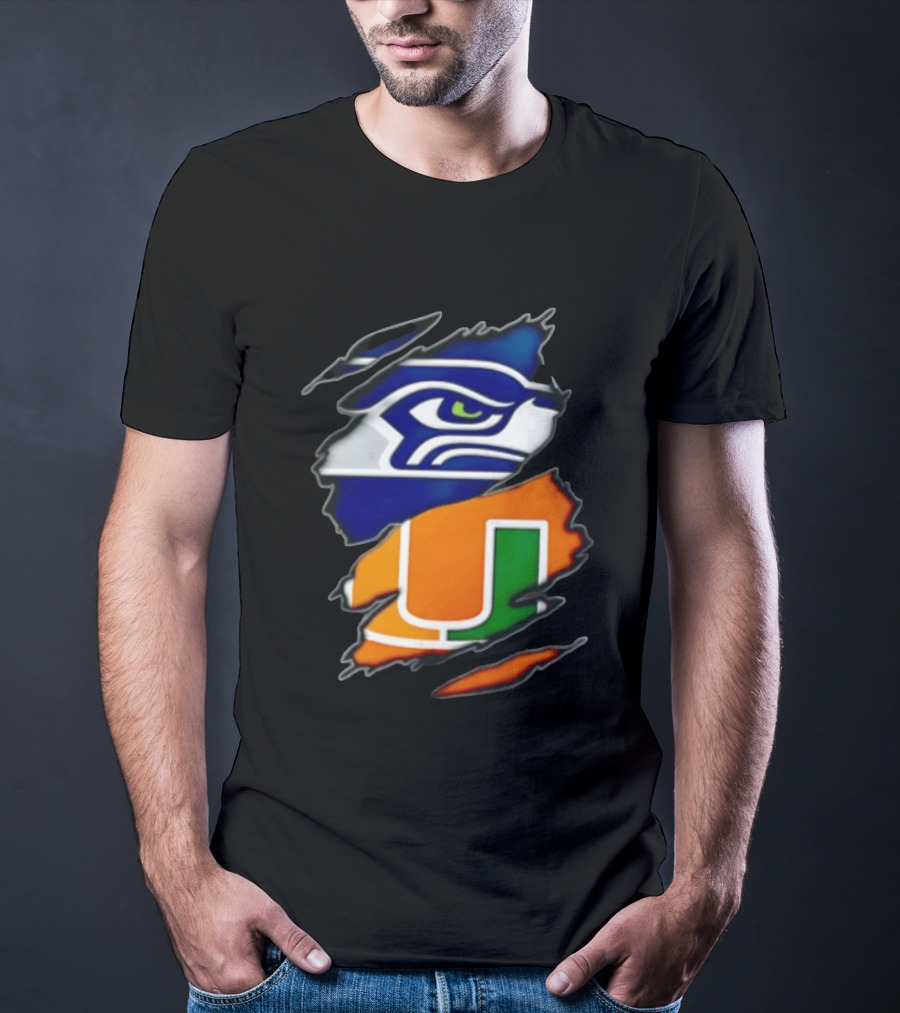 Seattle Seahawks Miami Hurricanes Torn Fabric Reveal Team Logos T-Shirt
