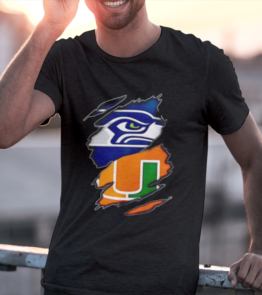 Seattle Seahawks Miami Hurricanes Torn Fabric Reveal Team Logos T-Shirt