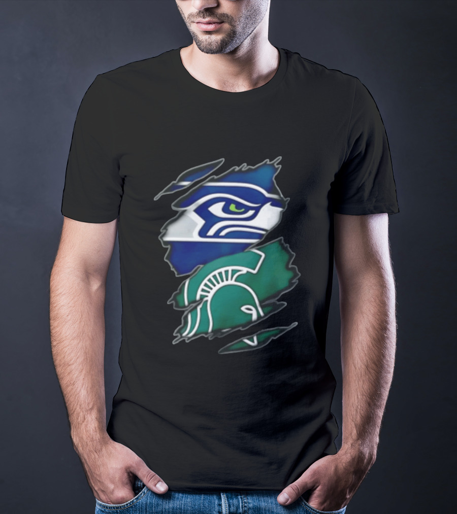 Seattle Seahawks Michigan State Spartans Torn Fabric Reveal Sports Logos T-Shirt