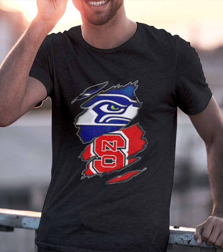 Seattle Seahawks North Carolina State Wolfpack Torn Fabric NFL NCAA Team T-Shirt
