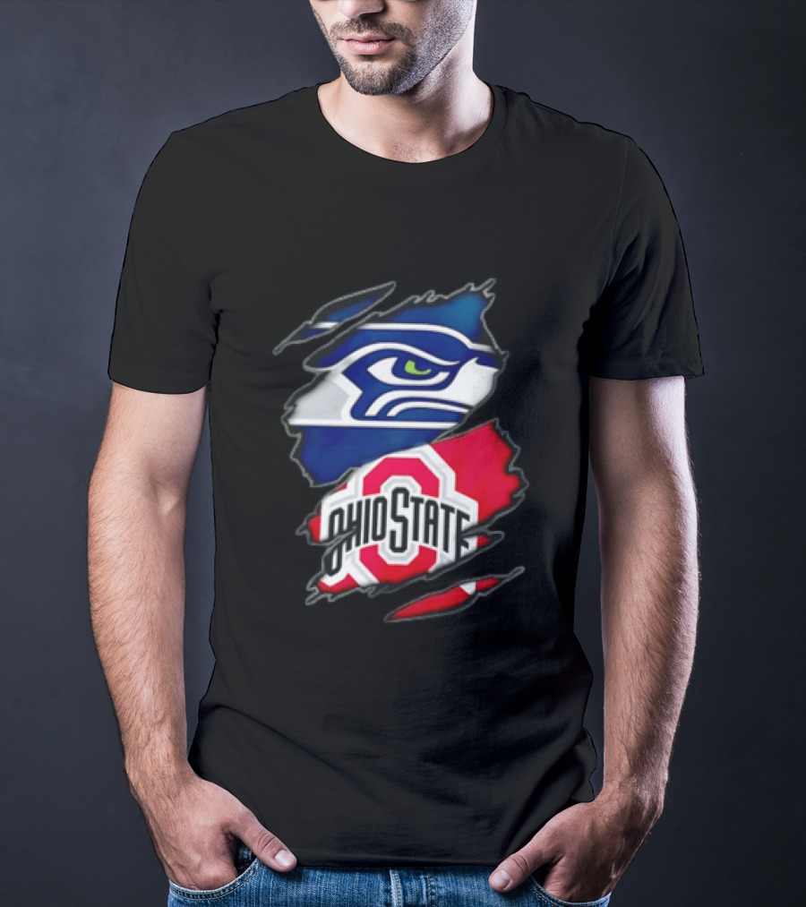 Seattle Seahawks Ohio State Buckeyes Torn Fabric Effect Team Logos T-Shirt