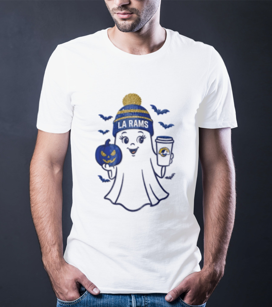 Los Angeles Rams Beanie Ghost Holding Pumpkin And Coffee Halloween T-Shirt