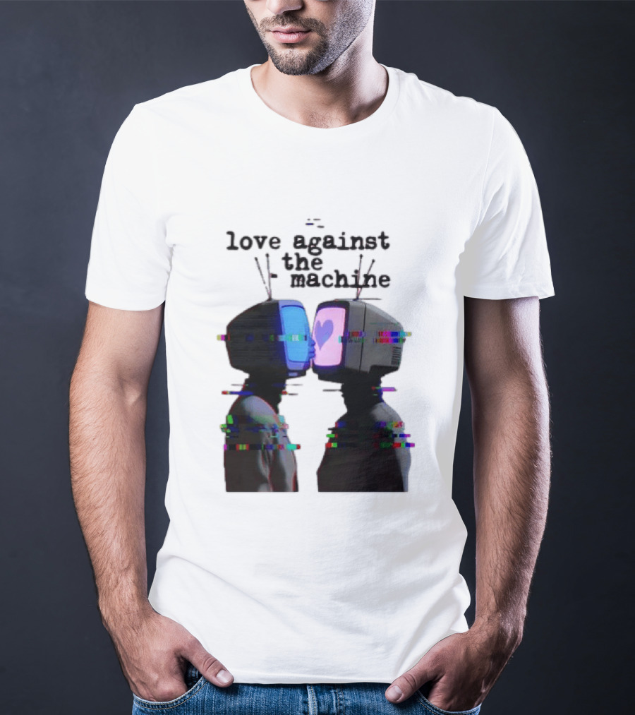 Love Against The Machine Two Television Heads Kissing Glitch Heart T-Shirt