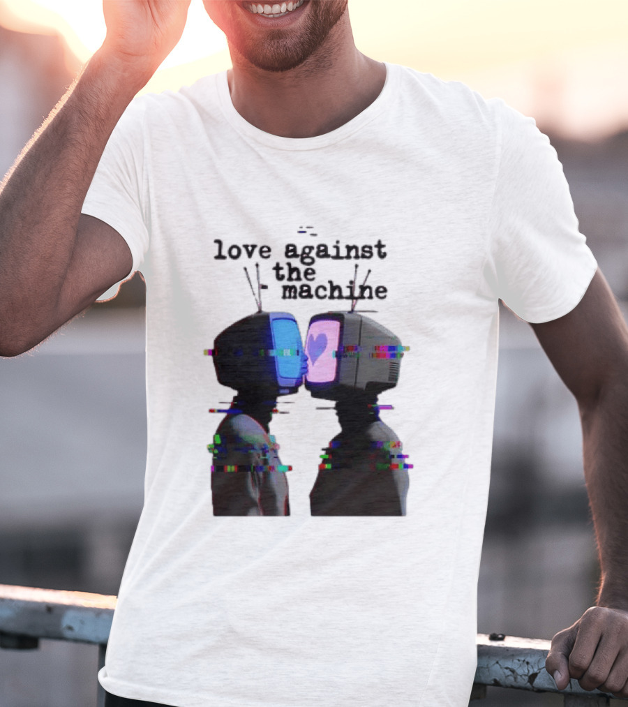 Love Against The Machine Two Television Heads Kissing Glitch Heart T-Shirt