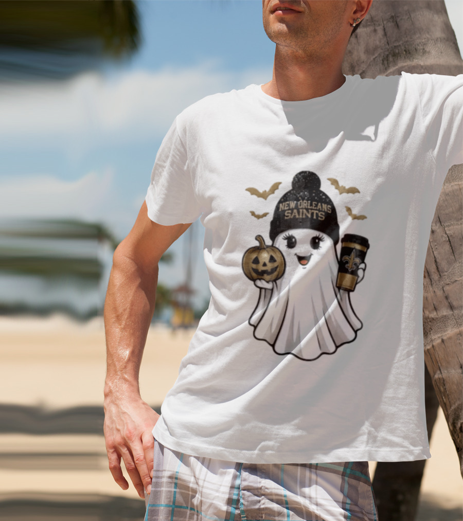 New Orleans Saints Ghost Beanie Pumpkin Coffee Halloween T-Shirt