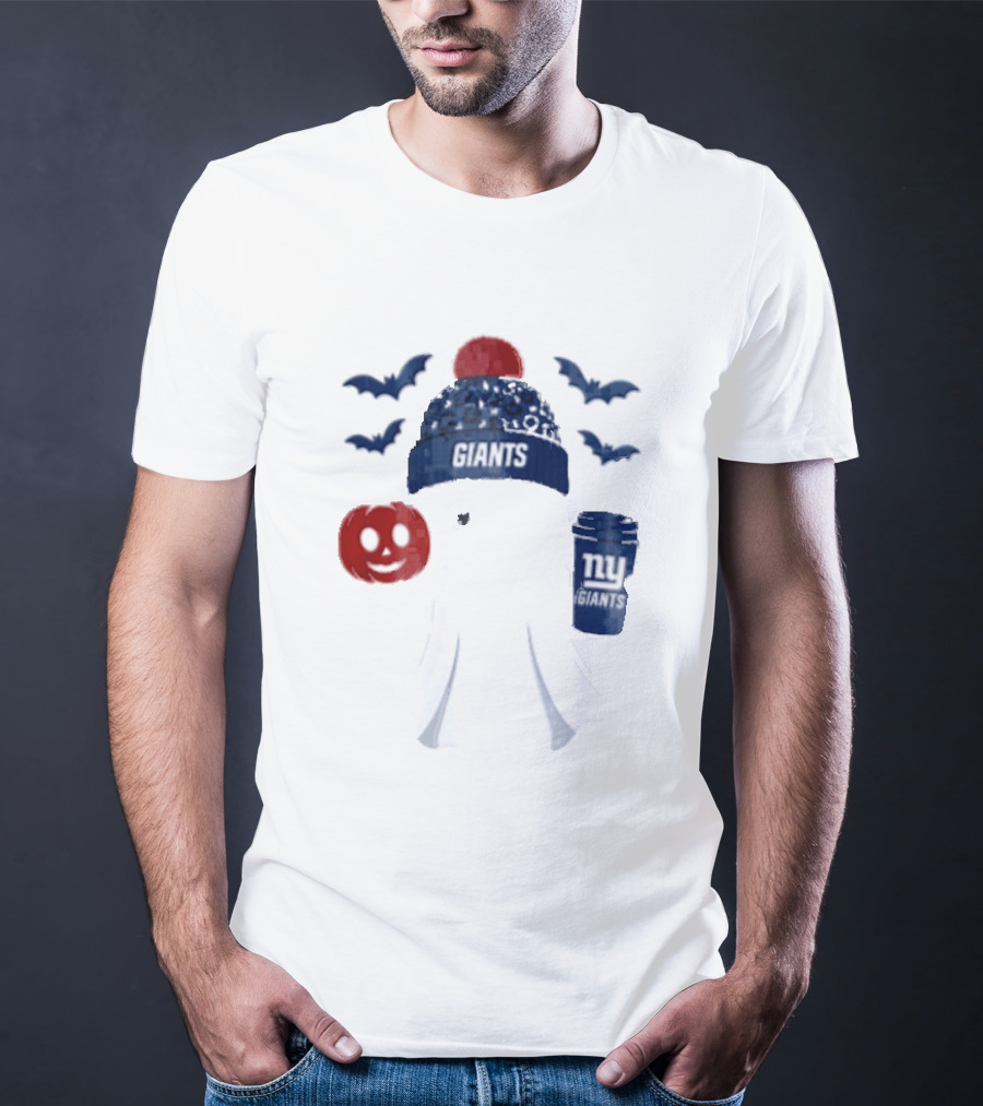 New York Giants Ghost Halloween Beanie With Pumpkin Coffee And Bats T-Shirt