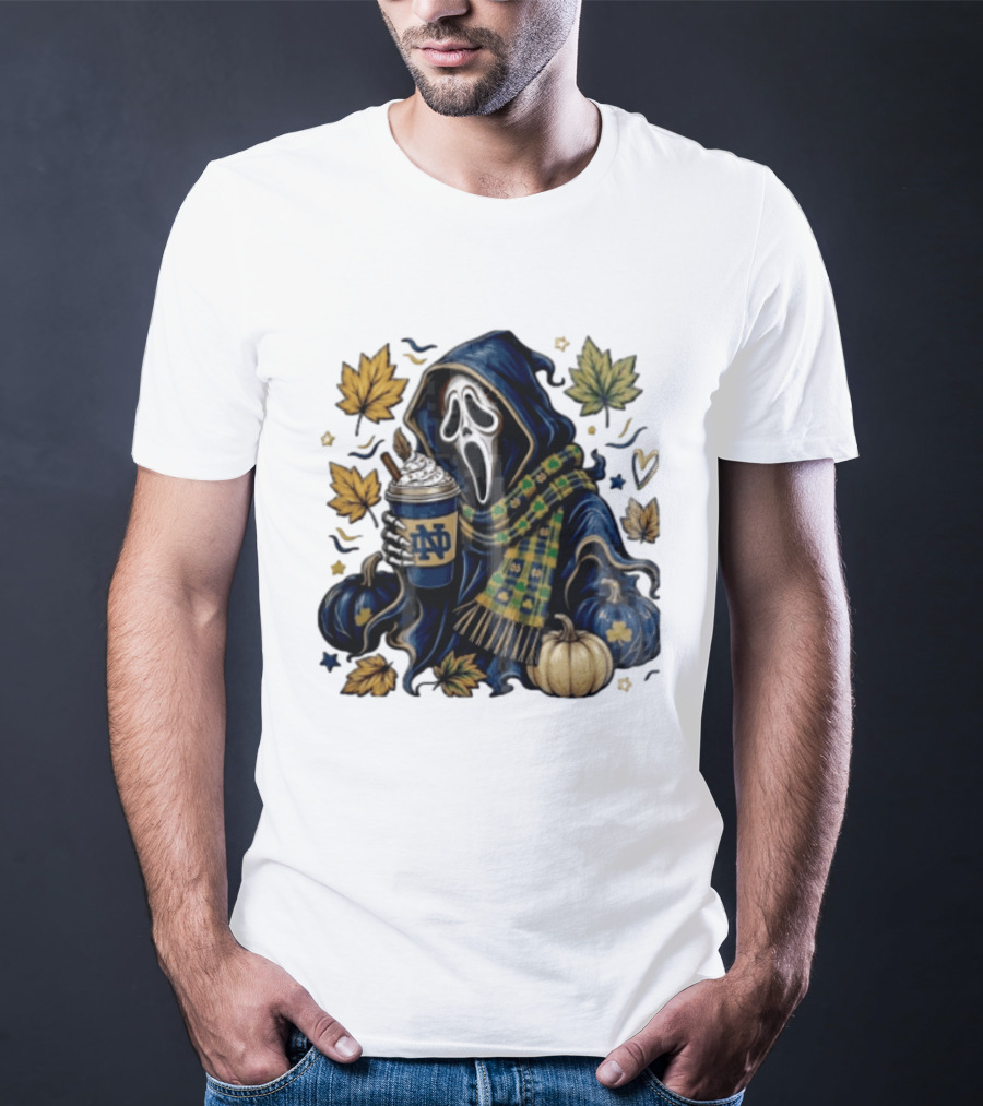 Notre Dame Ghostface Holding Coffee Autumn Leaves Pumpkins T-Shirt