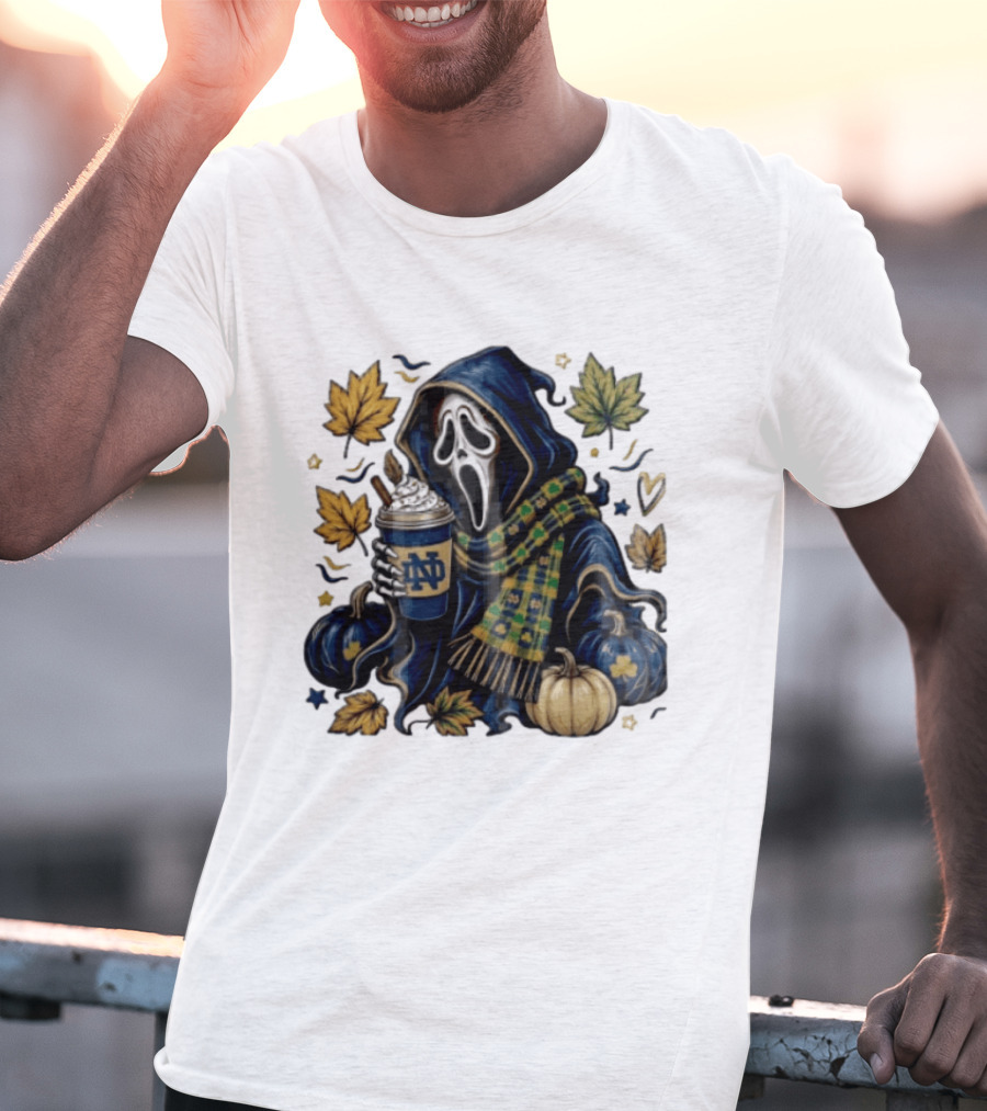 Notre Dame Ghostface Holding Coffee Autumn Leaves Pumpkins T-Shirt