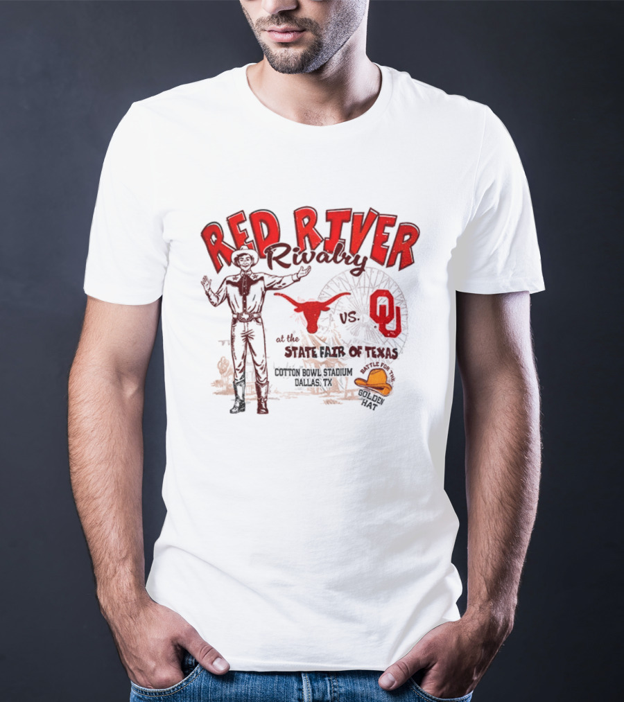Red River Rivalry Texas Longhorns Vs Oklahoma Sooners State Fair Of Texas Vintage Cowboy Ferris Wheel Iconic Showdown T-Shirt