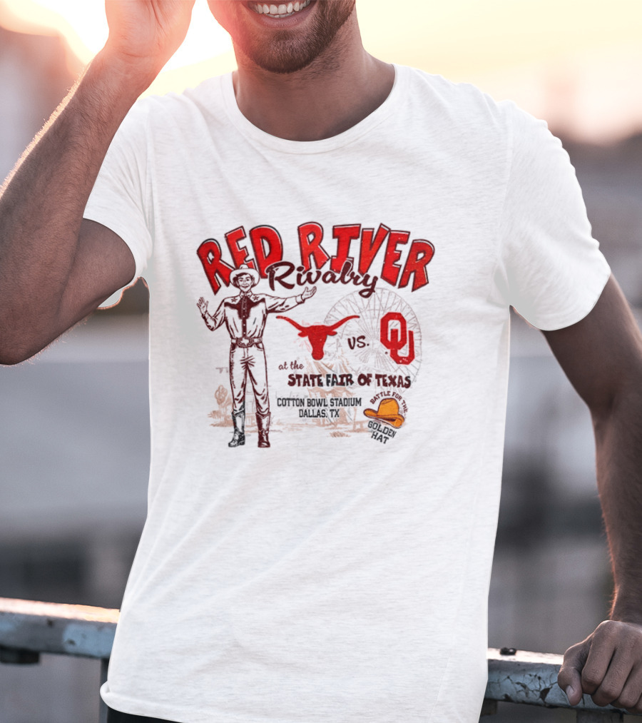 Red River Rivalry Texas Longhorns Vs Oklahoma Sooners State Fair Of Texas Vintage Cowboy Ferris Wheel Iconic Showdown T-Shirt