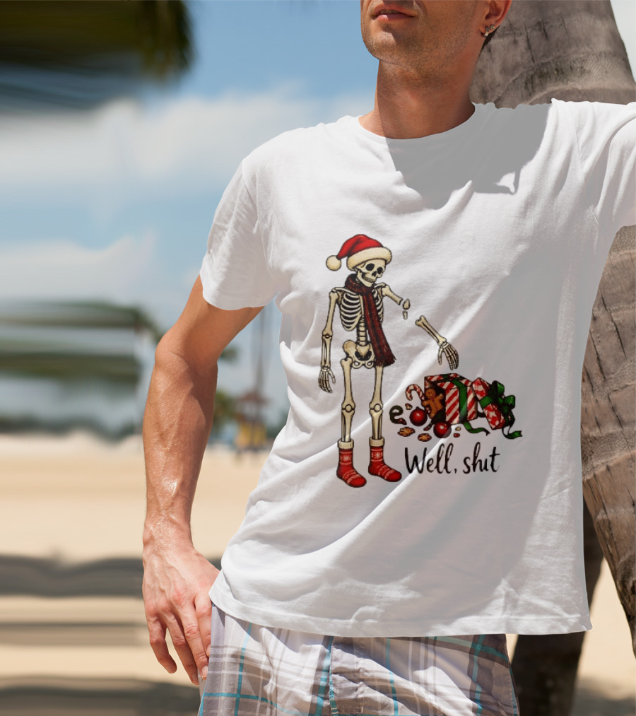 Well Shit Christmas Skeleton Gingerbread Man Santa Hat T-Shirt