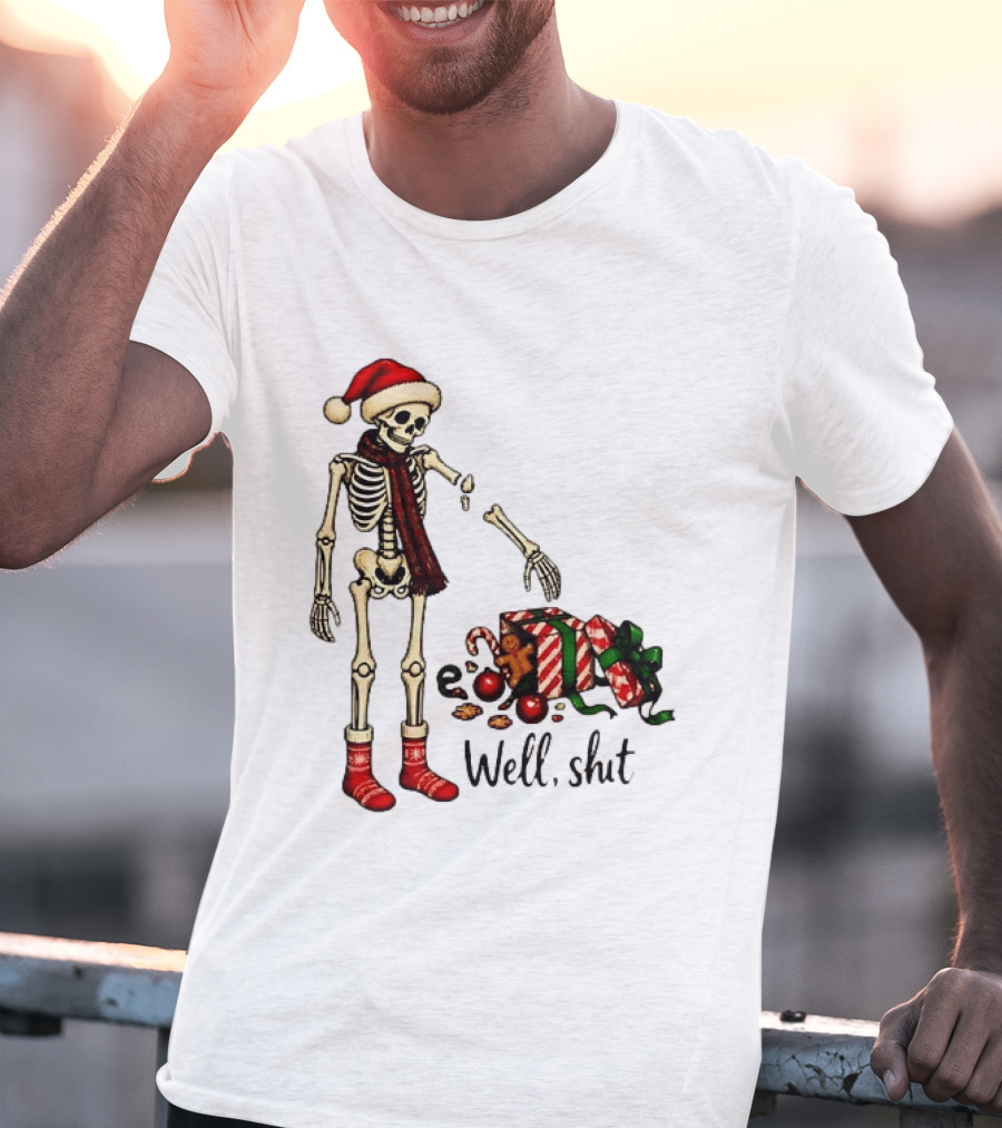 Well Shit Christmas Skeleton Gingerbread Man Santa Hat T-Shirt