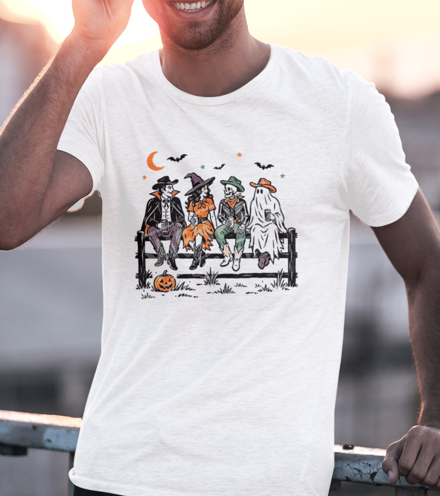 Witch Skeleton Ghost Vampire Western Halloween Scene With Pumpkins And Bats T-Shirt