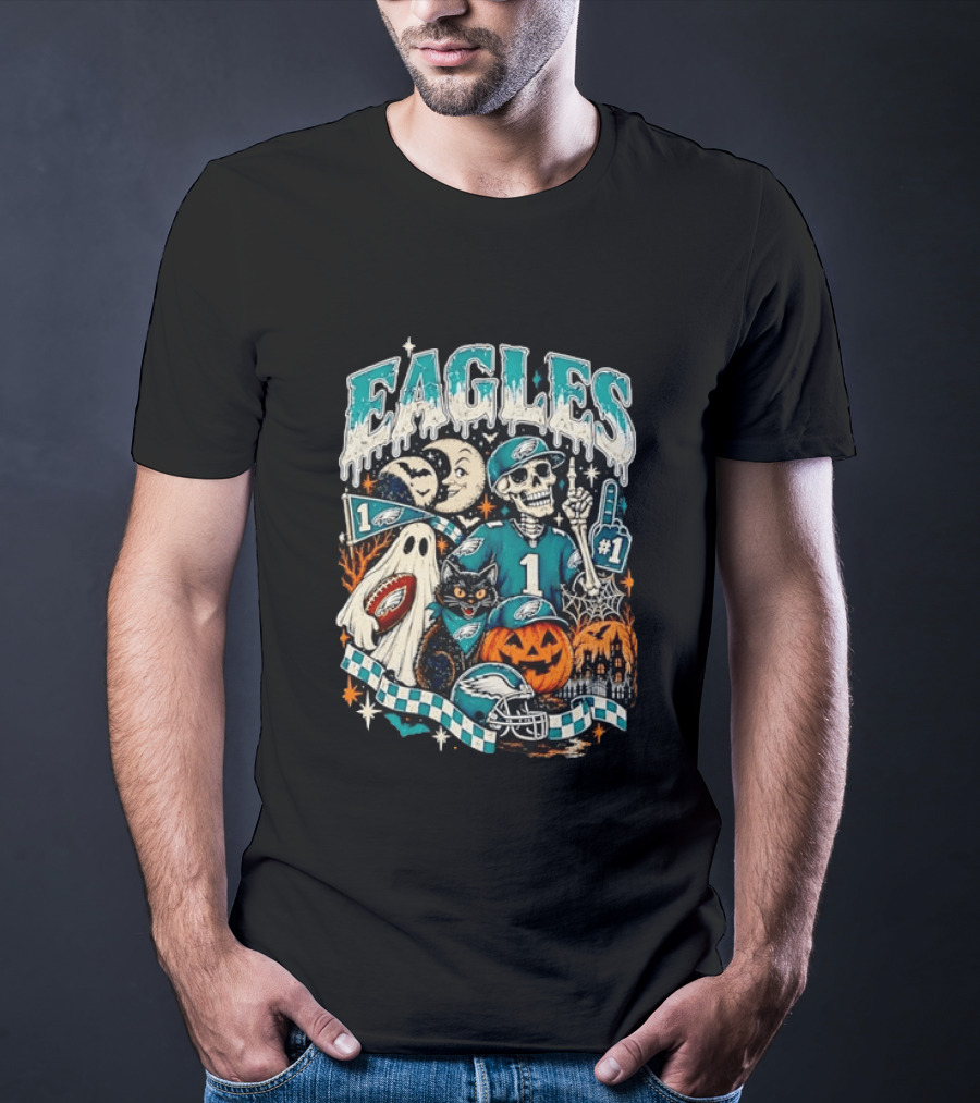 Eagles Jalen Hurts Halloween Skeleton Ghost Black Cat Pumpkin T-Shirt