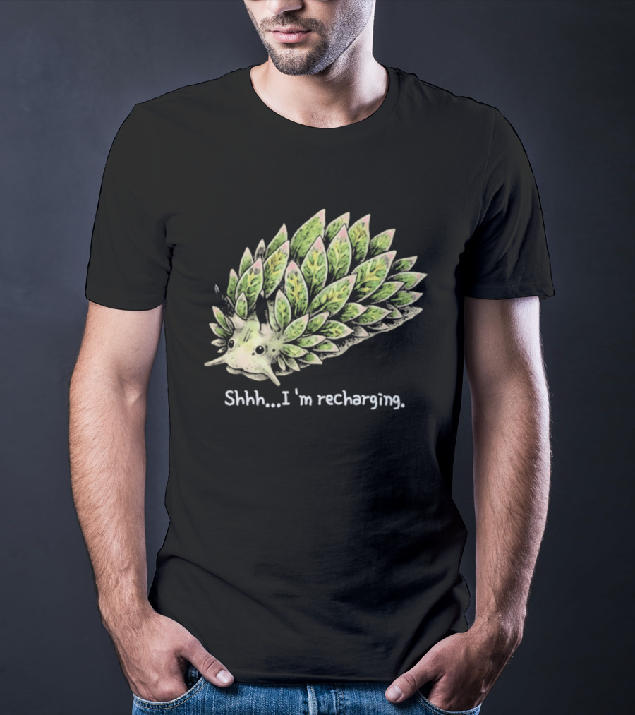 Leaf Sheep Sea Slug Shhh I'm Recharging Green Pink Cute Sea Creature T-Shirt
