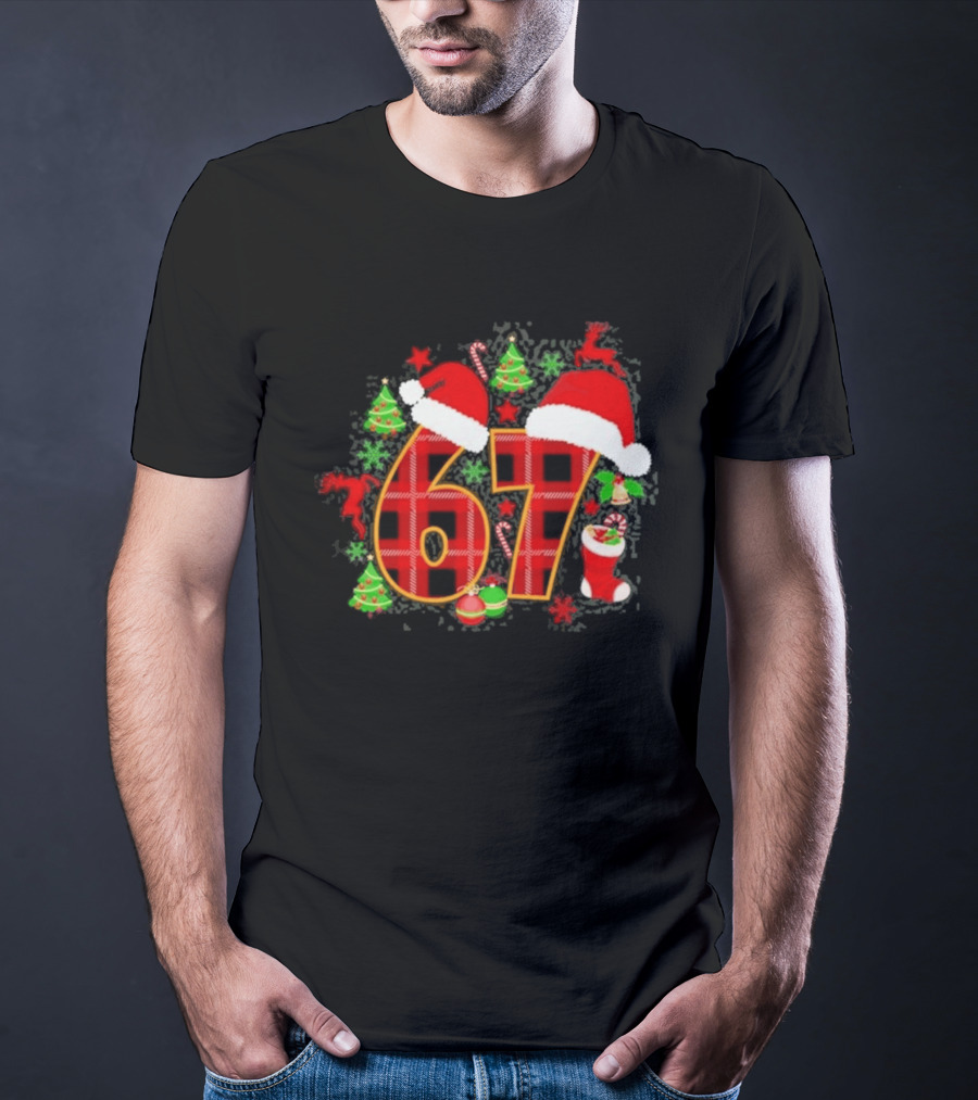 67 Christmas Plaid With Santa Hats And Festive Decorations T-Shirt