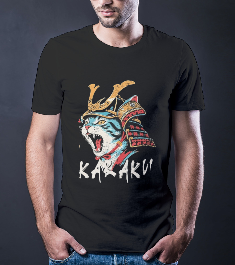 Karaku Distressed Samurai Cat With Helmet And Snarling Expression T-Shirt