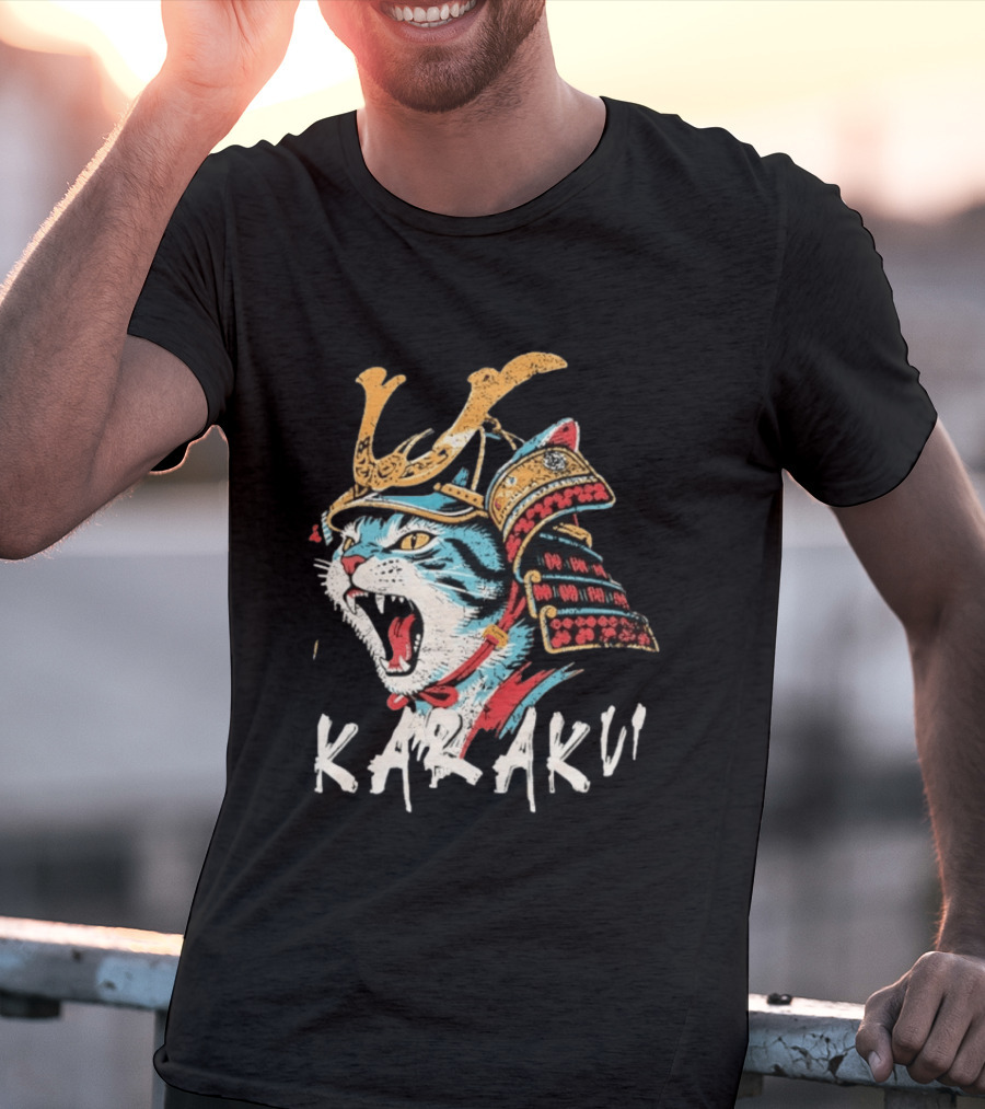Karaku Distressed Samurai Cat With Helmet And Snarling Expression T-Shirt